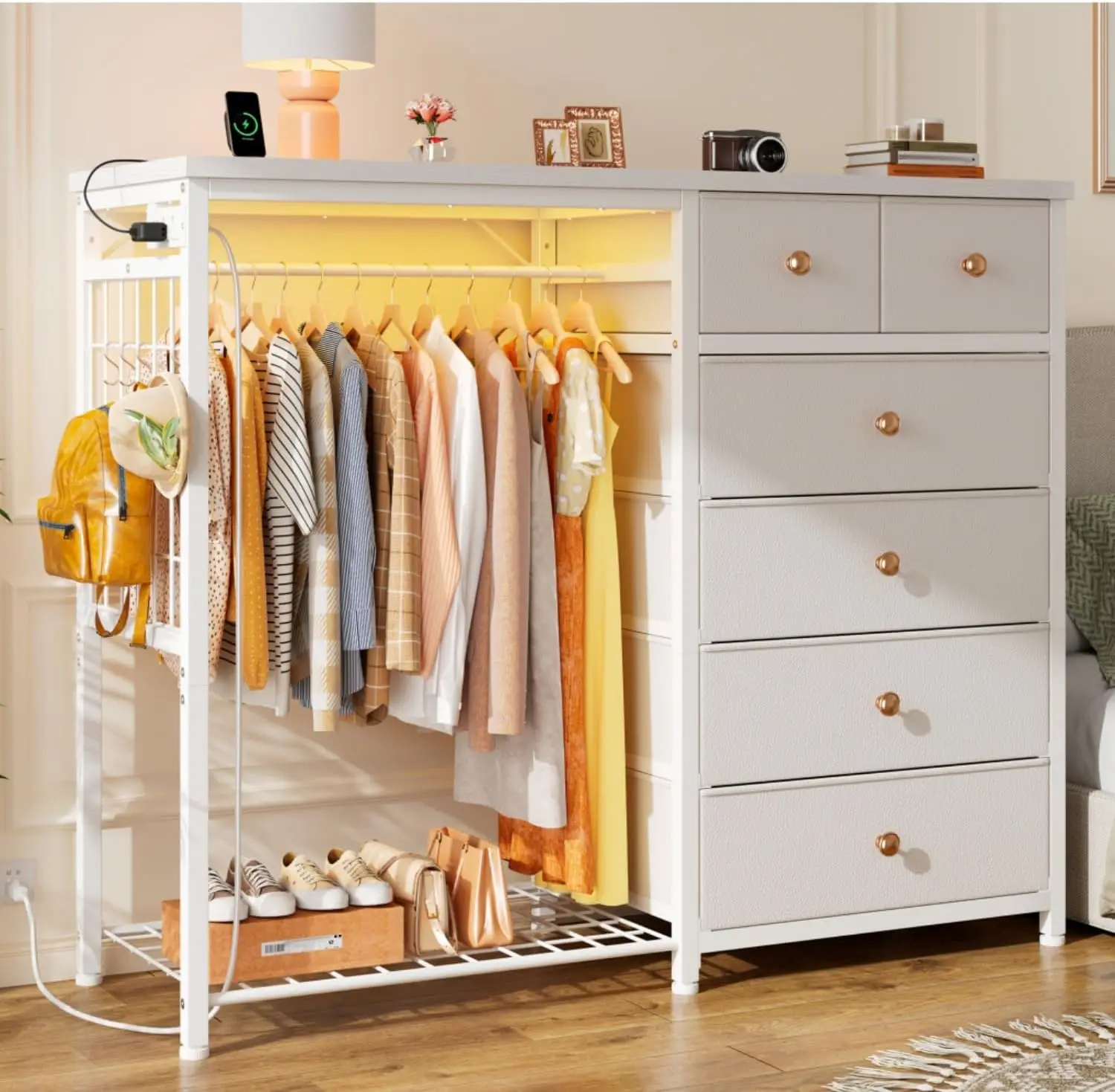 49.2" W White Dresser for Bedroom with Hanging Rack, 6 Drawers Dresser with LED Lights & Charging Station, Fabric Dressers