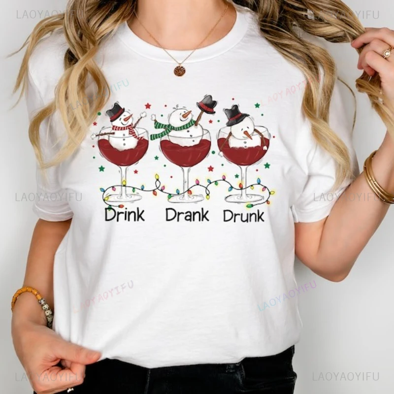 Drink Drank Drunk Christmas Shirt Funny Christmas Pure Cotton Tee Wine Lover Gift Wine Glass Tops Unisex Holiday Drinking Tshirt