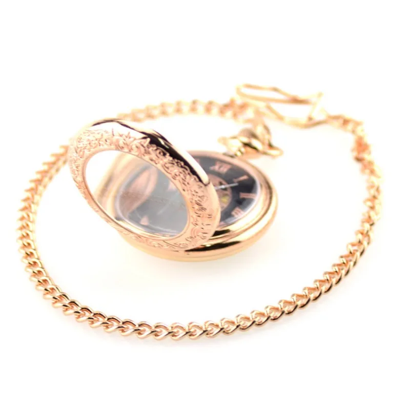 New Rose Gold Magnifying Glass Mechanical Pocket Watch Retro Flip Hollow Pocket Watch for Men and Women