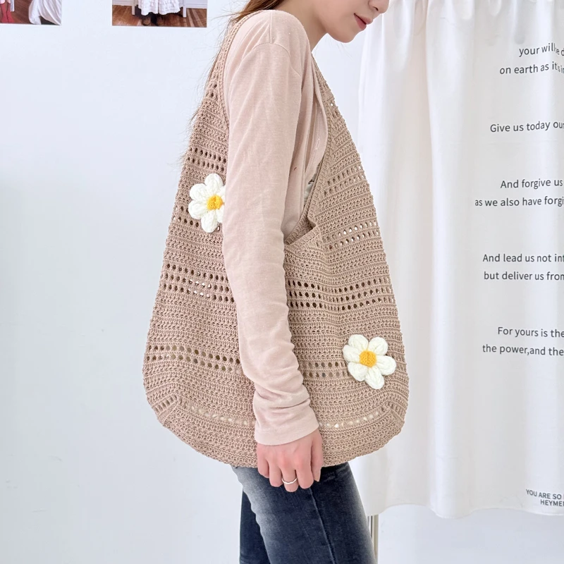 3D-Blumen-Hohlstrick-Umhängetasche, Koreanische Damen-Handtasche in Süßer, Niedlicher Einfarbiger Ausführung, für Pendeln und Freizeitreisen – Detail 18