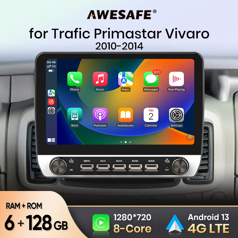 AWESAFE Car Radio for Renault Trafic Nissan Primastar Opel Vivaro 2010-2014 Wireless Carplay Android Auto Stereo Buttons GPS 4G