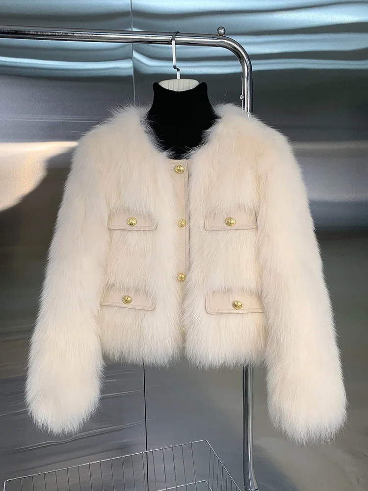 معاطف نسائية من الفرو الصناعي سترات من الفرو الصلب جيب رقبة مستديرة وأكمام طويلة واحدة الصدر سميكة دافئة الفراء عادية 2025 خريف شتاء