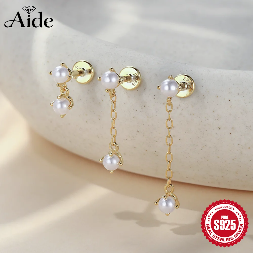AIDE 925 Sterling Silver Classic Double Pearl Chain Tassel Flat Back Piercing for Women INS Dainty Luxury Jewelry Gifts