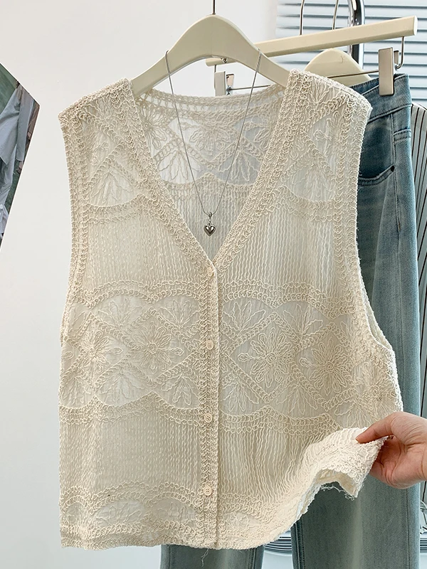 Korean Design Sensation Pure Cotton Embroidered Vest Cover up Women Summer Age Reduction Versatile High End Sleeveless Tank T...