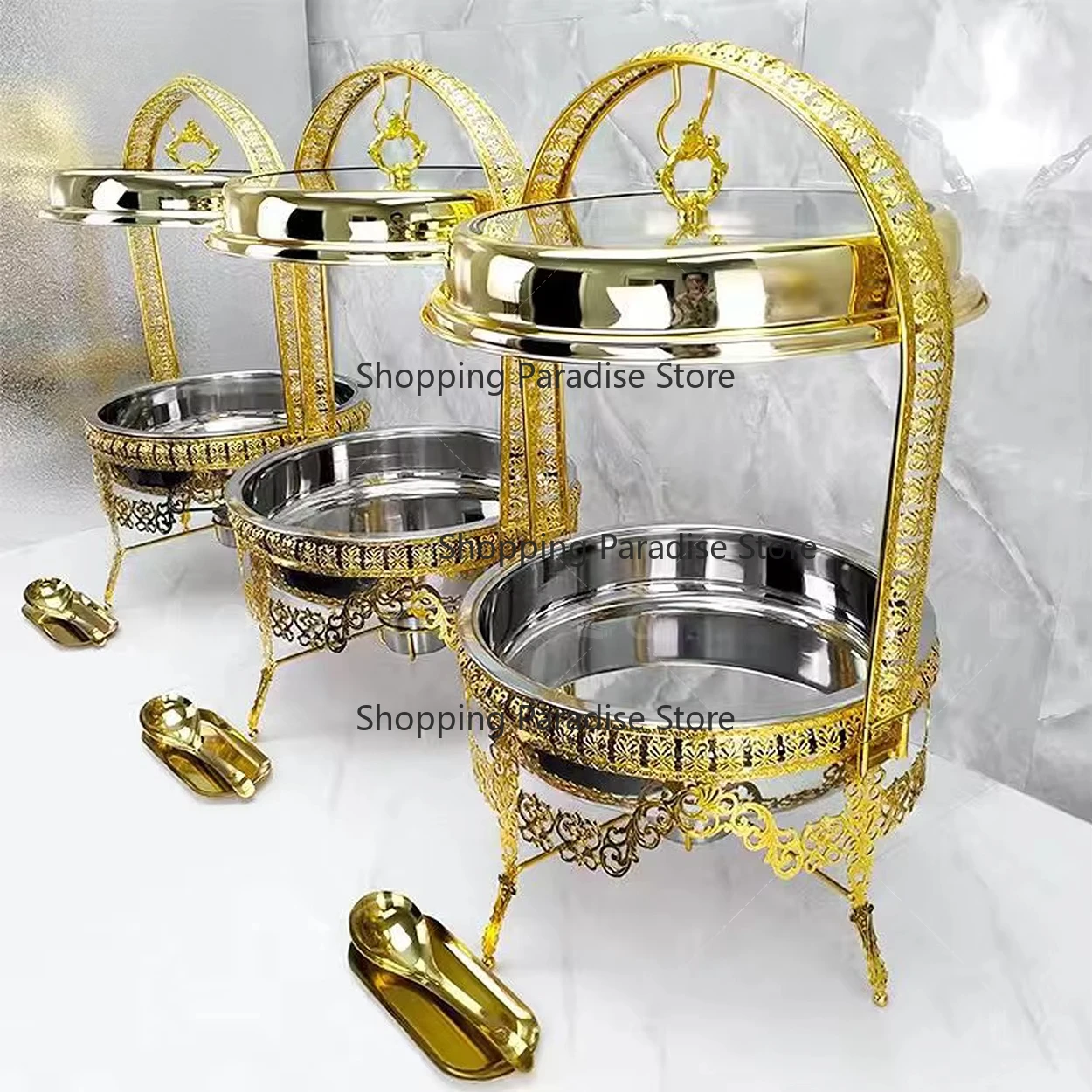 Modern Stainless Steel Catering Buffet Chafing Dish Golden Food Warmer with Hanging Feature for Restaurant Party