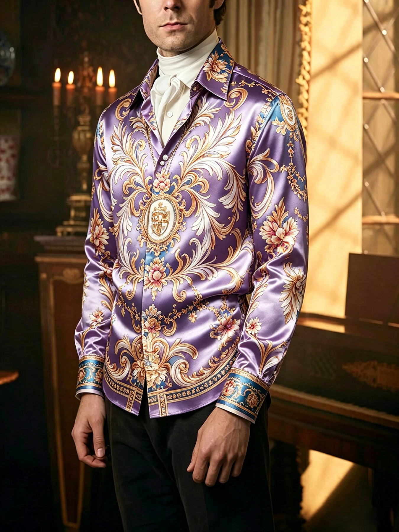2026 Men's Light Luxury Satin Smooth Polyester Fabric Long Sleeve Shirt Classical Baroque Printed Shirt Party Wedding Dress men