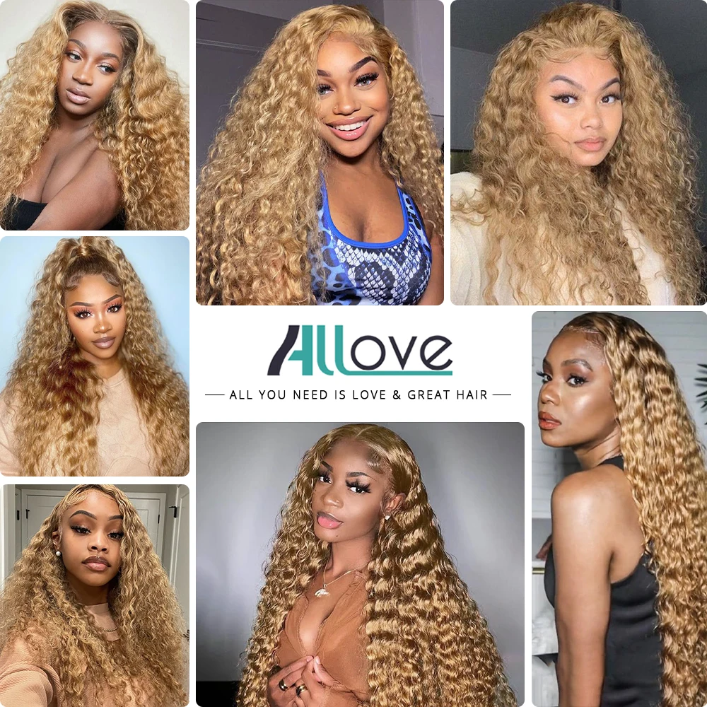 Allove 27# Honey Blonde Bulk For Braiding Brazilian Deep Wave Bulk Human Hair 1 3 4 Piece Colored Remy Hair Extensions For Women