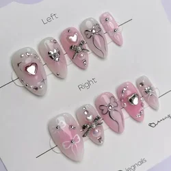 24szt Pink Cute Sweet Almond Fake Nails 3D Bowknot Pearl Heart Rhinestone Blush Press on Nails Full Cover Wearable Nails Tip Art