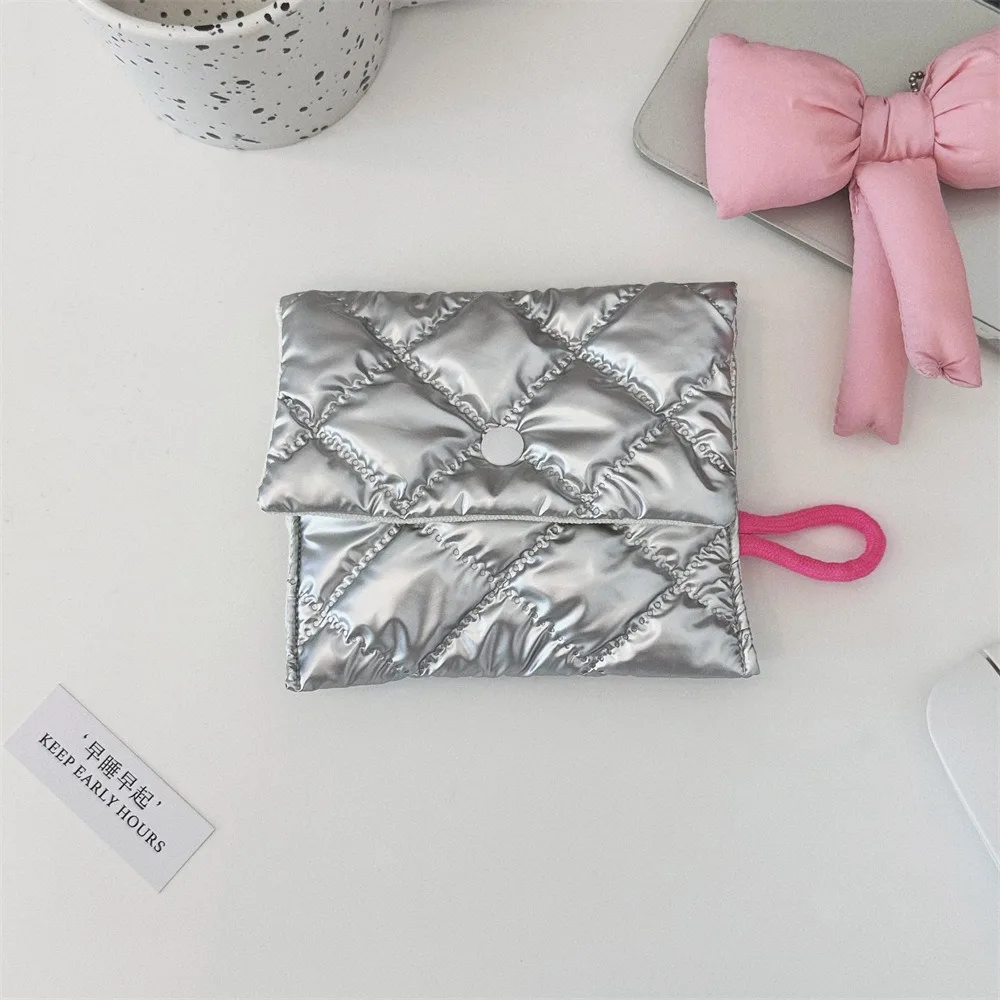 INS Style Silver Sanitary Mat Bag Zipper Button Love Bow Makeup Organizer Change Purse Coins Keys Wallet Woman Girls