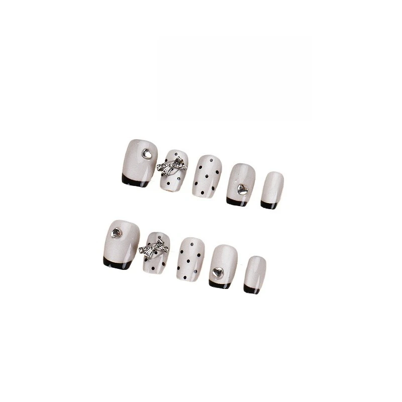

Hand-worn nail French black edge nail art piece Cat's eye polka dot bow fake nail piece