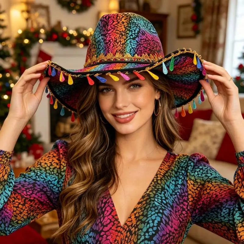 Rainbow Print Western Costume Hat with Gold Braid Fringe Trim for Holiday Parties, Photos, and Theme Wear for Adults Y166