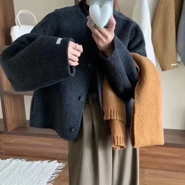 معطف كاميرا دافئ ذو وجهين معطف كاميرا مستدير Ne كوري Sle ملابس خارجية للنساء معطف صوفي للسيدات للشتاء