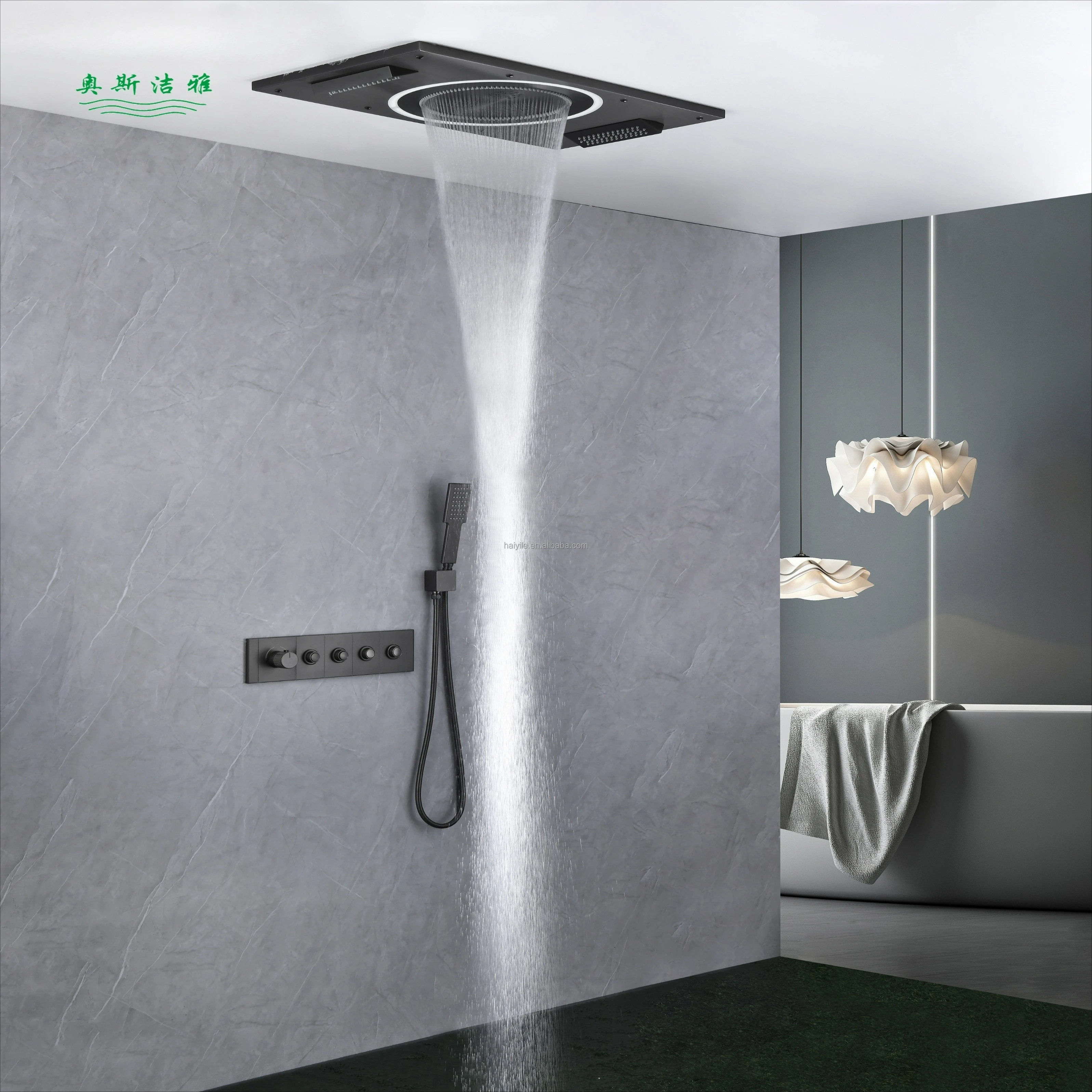 800X450X19mm SUS304 Contemporary LED Three-Function Dance Rain Shower Curtain Waterfall Thermostatic Faucets Polished Polished
