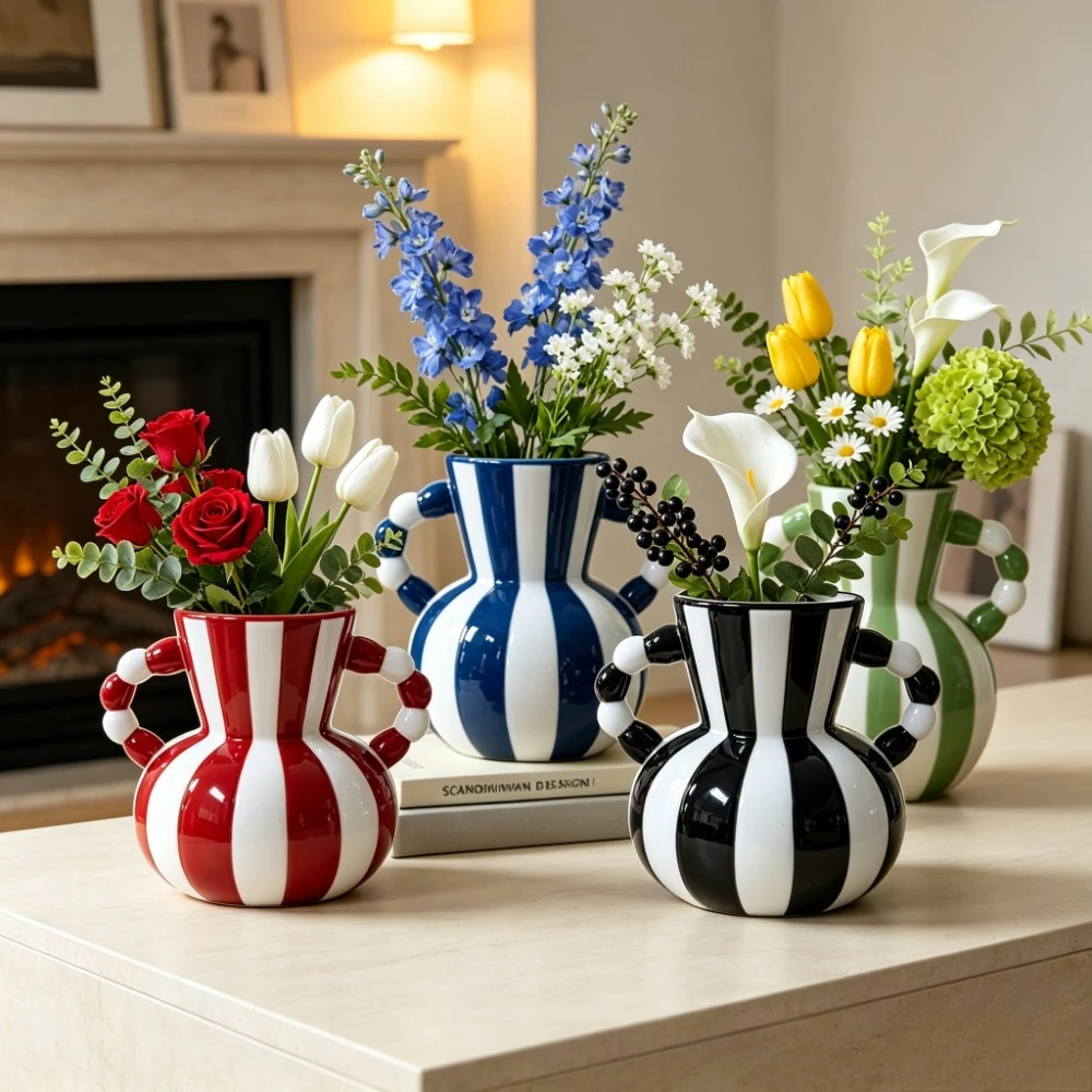 Ceramic Striped Vase with Beaded Double Handles Unique Art Decor Flower Vase for Home Tabletop Decoration