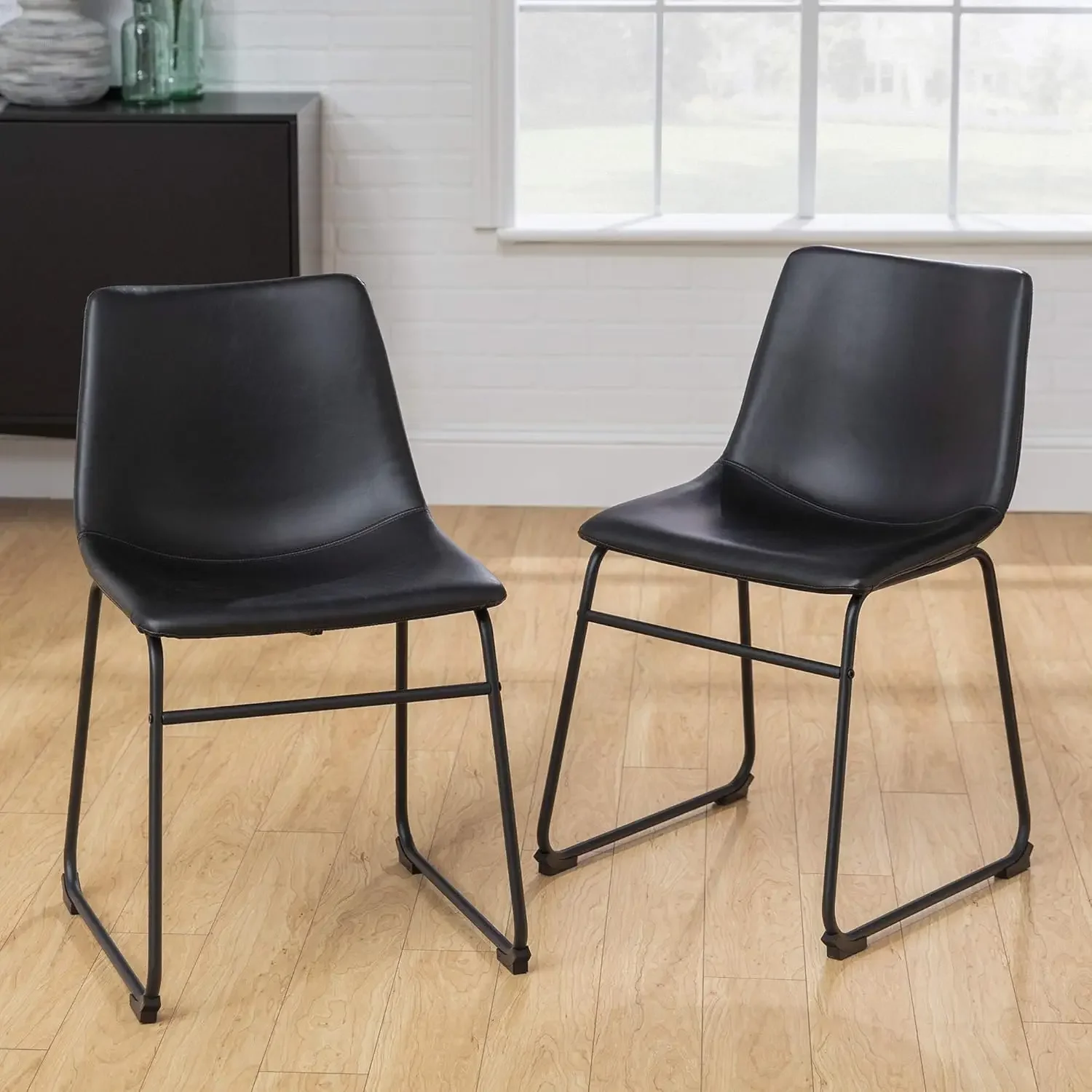 Walker Edison Douglas Urban Industrial Faux Leather Armless Dining Chairs, Set of 2, Black