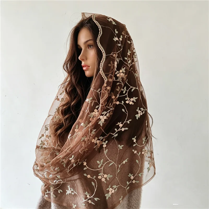 Coffee Tulle Pink Green Embroidered Floral Mantilla Church Head Covering Women Catholic Gift Latin Mass Vintage Chapel Brown