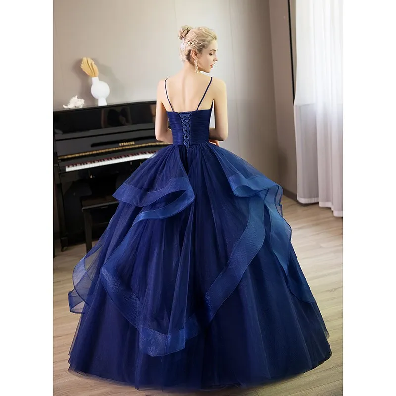 Gaun pesta mewah Quinceanera biru gaun pesta Prom kerah v gaun pesta elegan tali Spaghetti Vestidos De 15 Anos Quinceanera disesuaikan