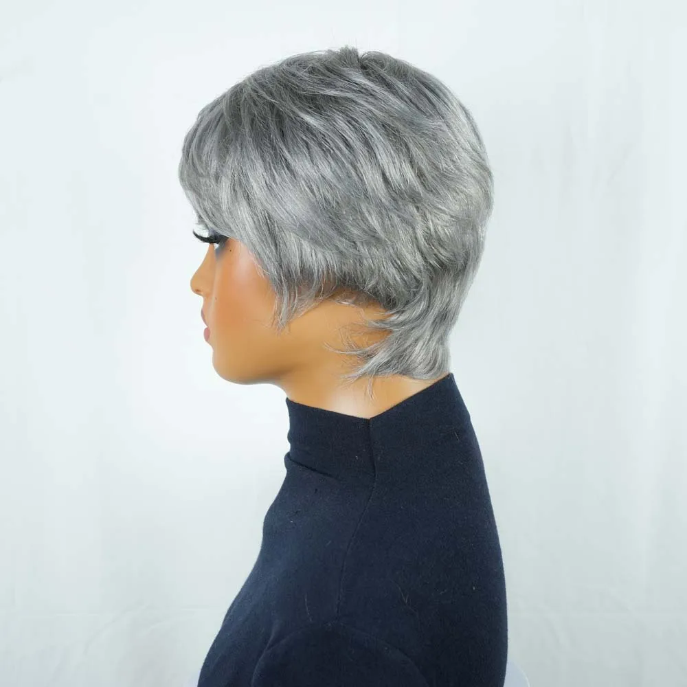 실버 그레이 픽시컷 가발 인모 스트레이트 앞머리 있는 짧은 레이어드 보브 가발 흑인 여성용 풀 머신 메이드