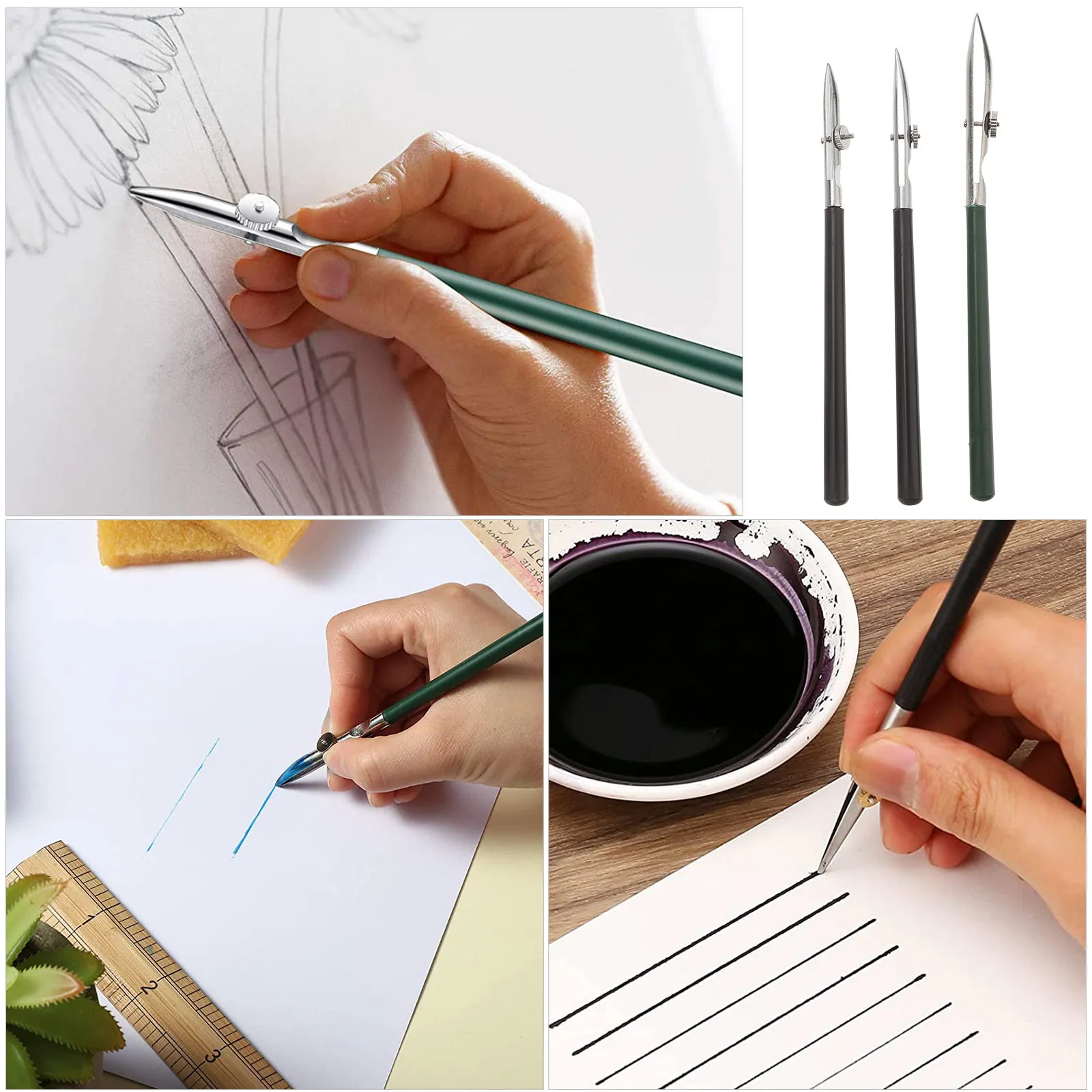 3Pcs Professional Straight Line Pen Kit Adjustable Swing Hinge Ruling Tool for Drawing Ink Gouache Art Masking Fluid Precision