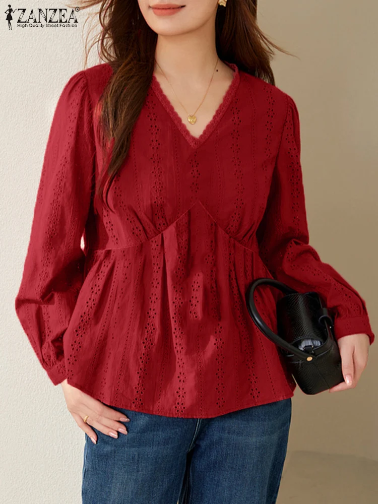 

2025 Spring Waisted Korean Shirts ZANZEA Vintage Cotton Blouse Women Hollow Embroidery Tops Casual Lace Stitching V-neck Tunics