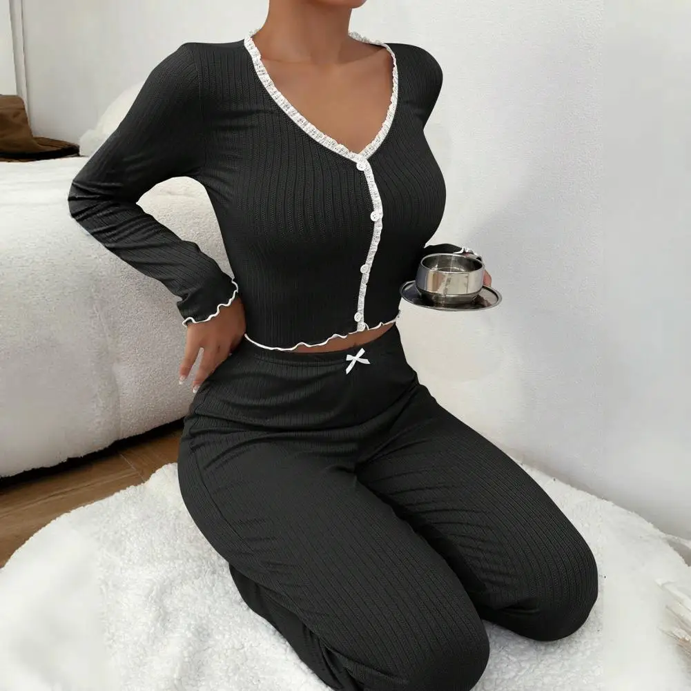 

Lace Lounge Outfit Elegant Lace Trimmed Women's Pajama Set with V Neck Top Elastic Waist Pants Spring Homewear for Comfort