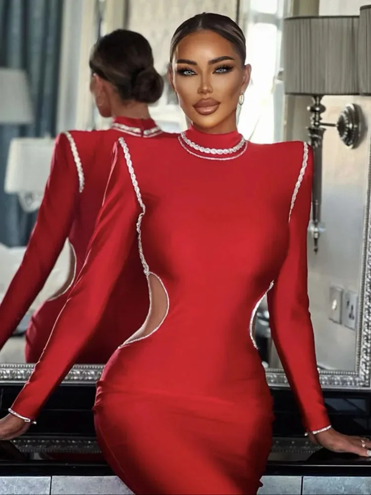 

2025 Women Celebrity Sexy Beading Crystal Diamonds Cut Out Red Bodycon Bandage Dress Elegant Evening Club Party Dress