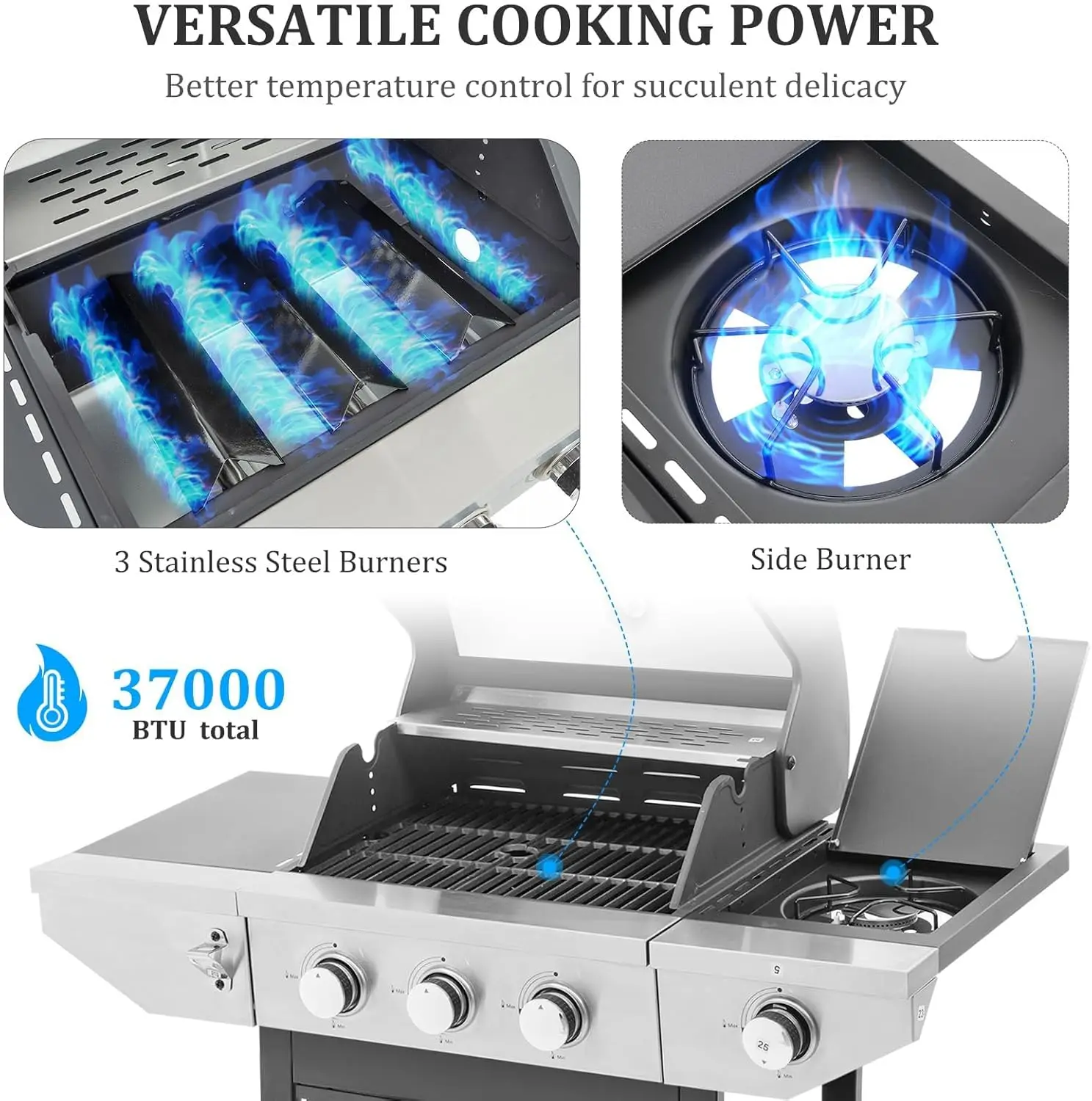 3-Burner Propane Gas BBQ Grill with Side Burner & Porcelain-Enameled Cast Iron Grates Built-in Thermometer, 37,000 BTU O