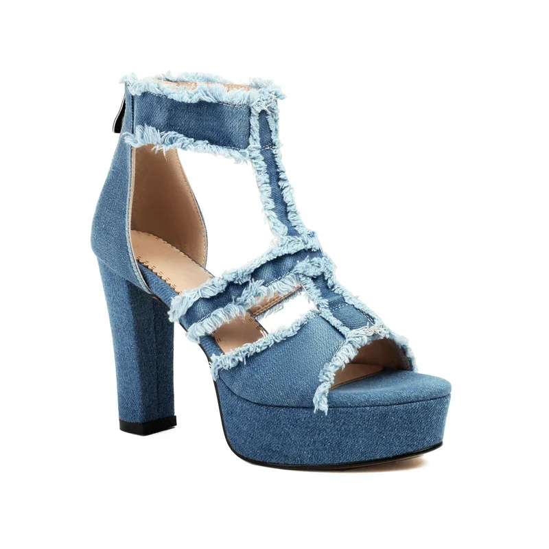 

Block Heel Sandals Women Denim Jeans Blue T-strap Sexy Stripper Club Summer Shoes Rose Pink Open Toe Platform Sandals 337-11