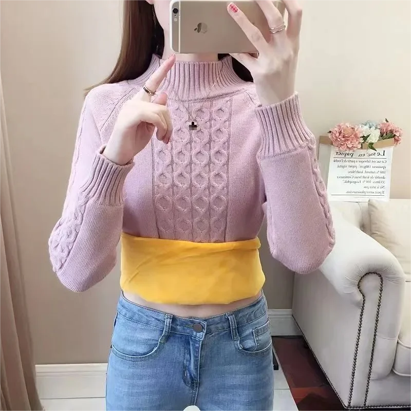 

Women Winter Thicken Plus Velvet Sweaters Casual Warm Knit Pullovers Korean Lined Knitwear Twist Tops