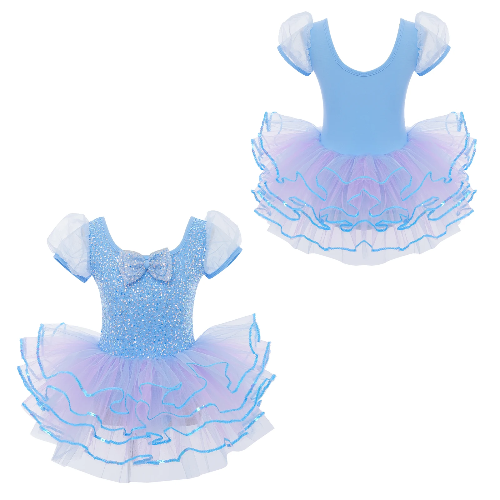 

Toddler Girls Shiny Sequins Ballet Tutu Dresses Stage Performance Dancewear Short Puff Sleeves Bowknot Layered Stage Show Dress