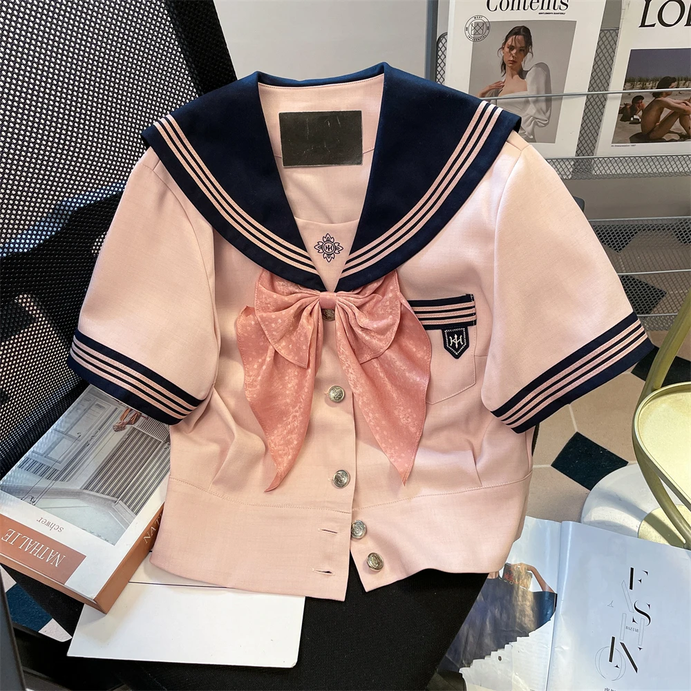 

Miiiix Japanese Cute JK Uniform Bow Short Top Women's Summer New Sweet Academy Feng Shui Collar Shirt Female Clothing