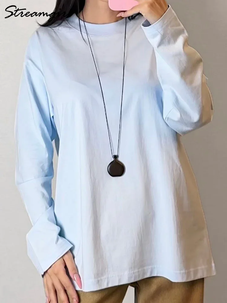 

Женские футболки Streamgirl с длинным рукавом, базовые, 100% хлопок, свободные топы, розовые футболки, женские футболки с круглым вырезом, белые однотонные для женщин, футболки женские хлопковые, лонгслів жіночій