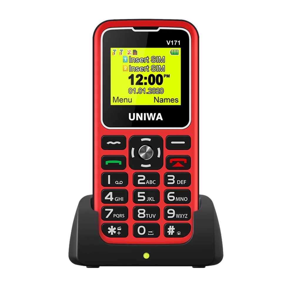 Uniwa V171 Functie Telefoon 2G Gms 1.77 Inch Draadloze Fm Senior Mobiele Telefoon 1000Mah Gratis Laadstation Sos Ouderen Mobiele Telefoon