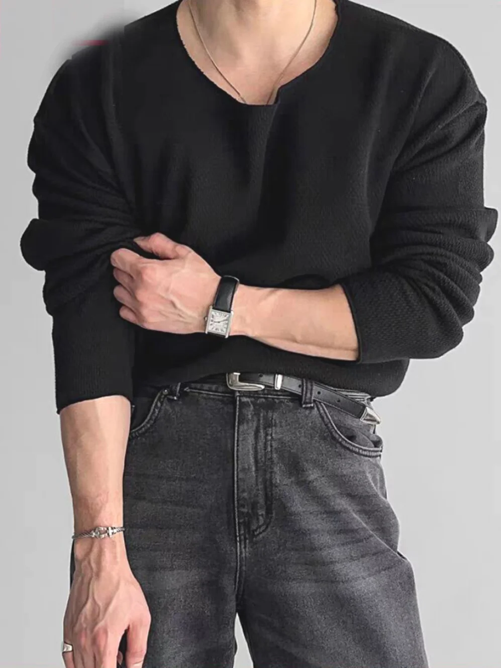 

Свободная трикотажная футболка Long Sve для мужчин с широким воротником, ленивый свитер, базовый слой, вязаная накидка, молодежная модная осенняя одежда