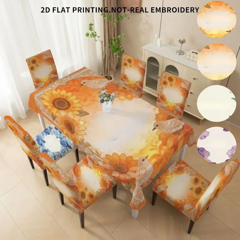 Elastic dining chair cover, bow, tablecloth, ethnic style bee, iris, rose, lily of the valley, sunflower flower pattern