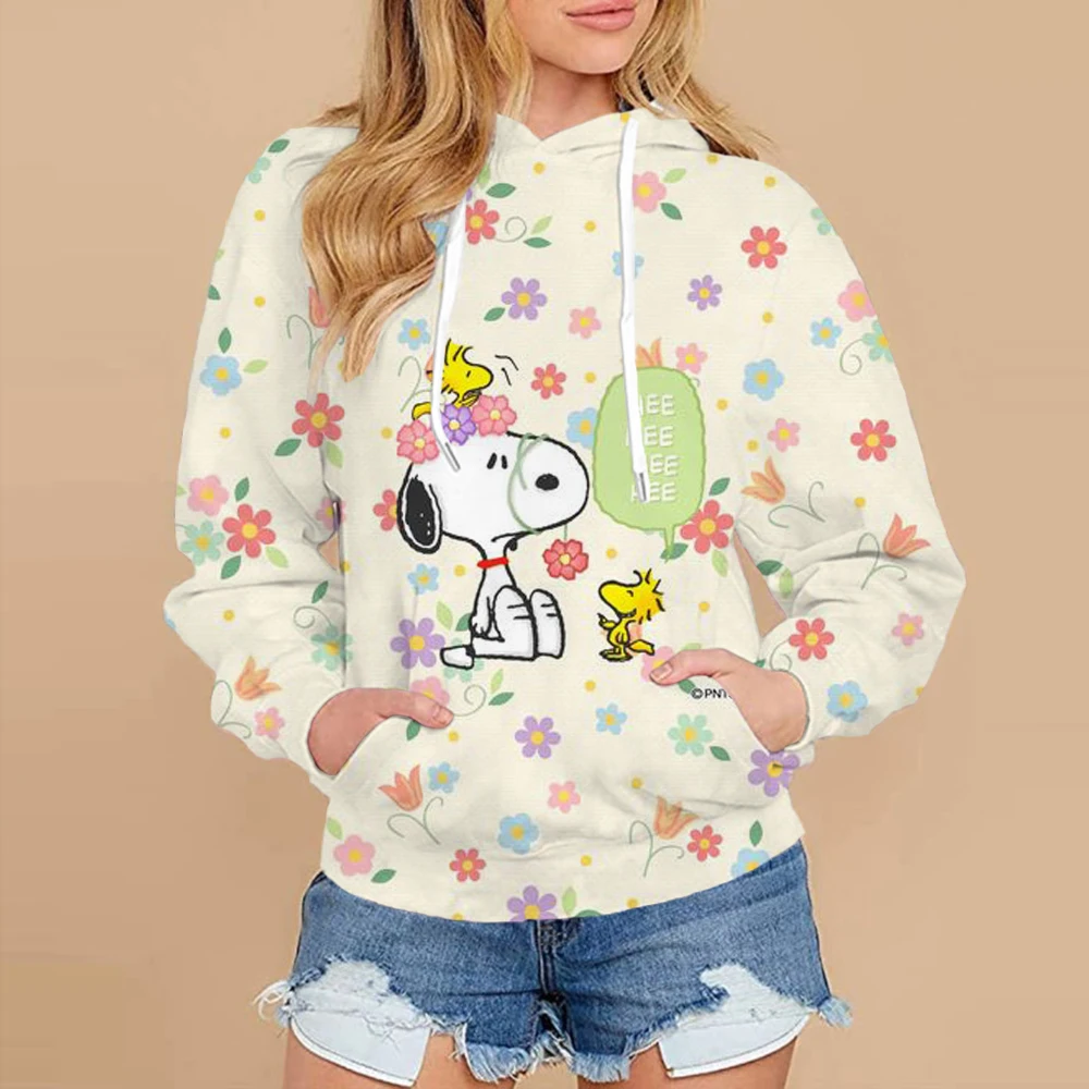 Snoopy Kawaii Cartoon Print Hoodie for Women Soft Casual Loose Sportwear Female Sweatshirt Warm Fleece Ladies Clothes 2024