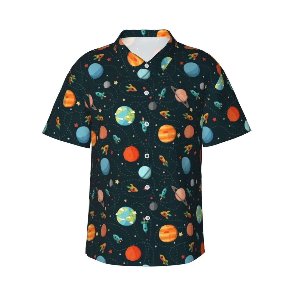 Cartoon Sky Print Vacation Shirt Space Adventure Summer Casual Shirts Man Classic Blouses Short Sleeve Streetwear Custom Tops