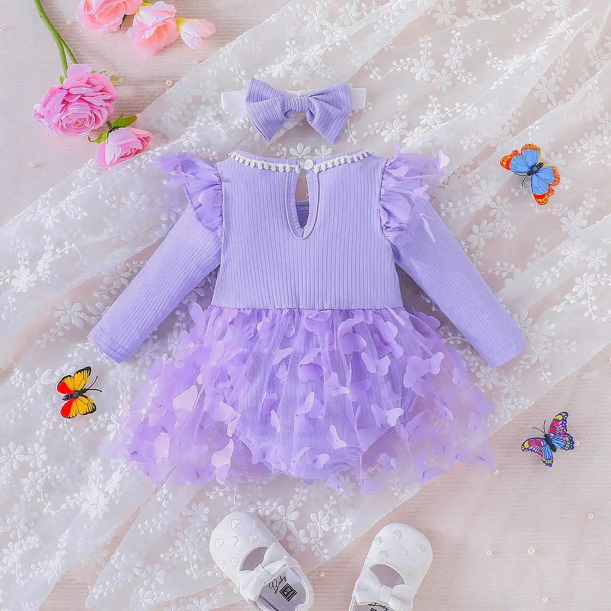 Baby Girl Butterfly Tulle Romper Dress Long Sleeve Ruffle Bodysuit with Bow Headband Newborn Wedding Outfit Baptism Gown ZYD47