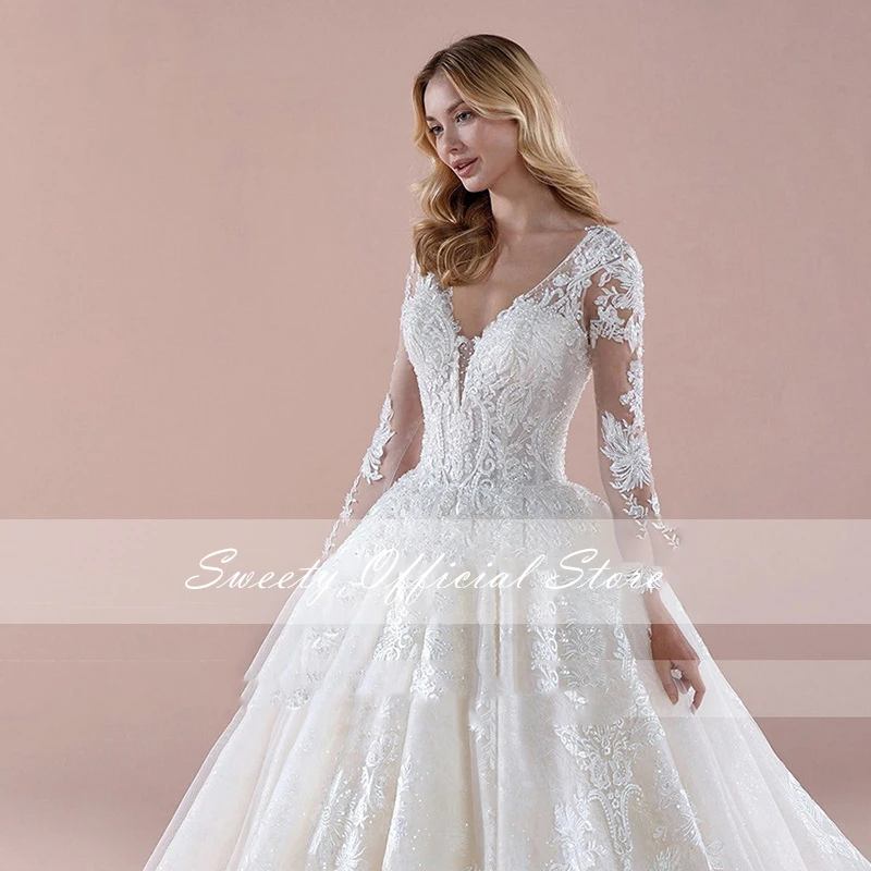 Suknia ślubna w stylu Vintage Organza z haftem suknia balowa Sweetheart V-neck gorset pełna rękaw suknie ślubne Robe De Mariee zasznurować