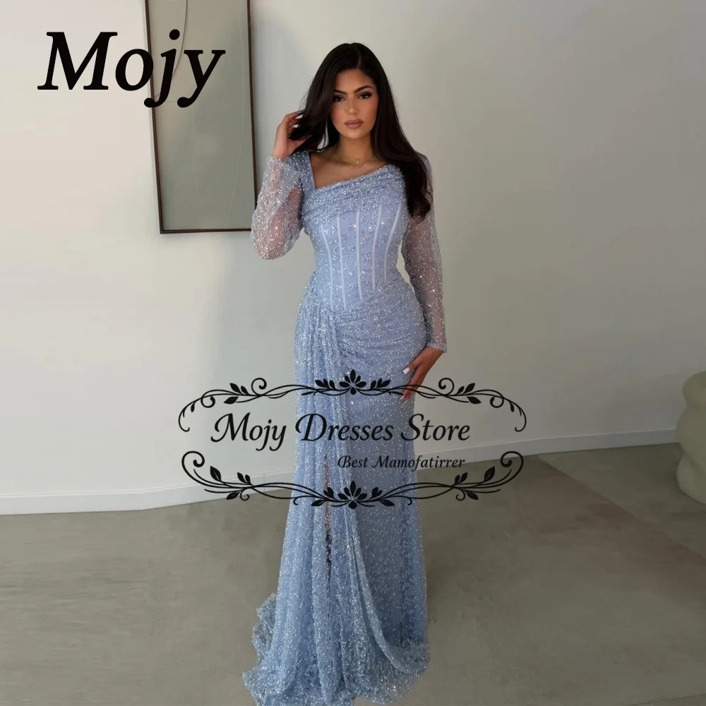 Mojy Customized Blue Evening Dresses for Special Occasions Beads Birthday Dress Sequins. Slant Collar Elegant Women's Dresses