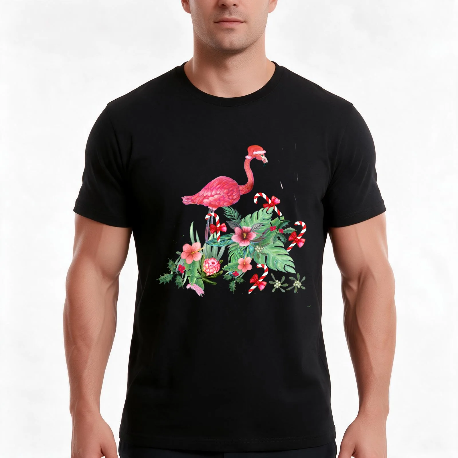 Pink Flamingo in Santa Hatwith candy canes holly and exotic flowers in watercolor T-Shirt Summer Casual Cotton Tee