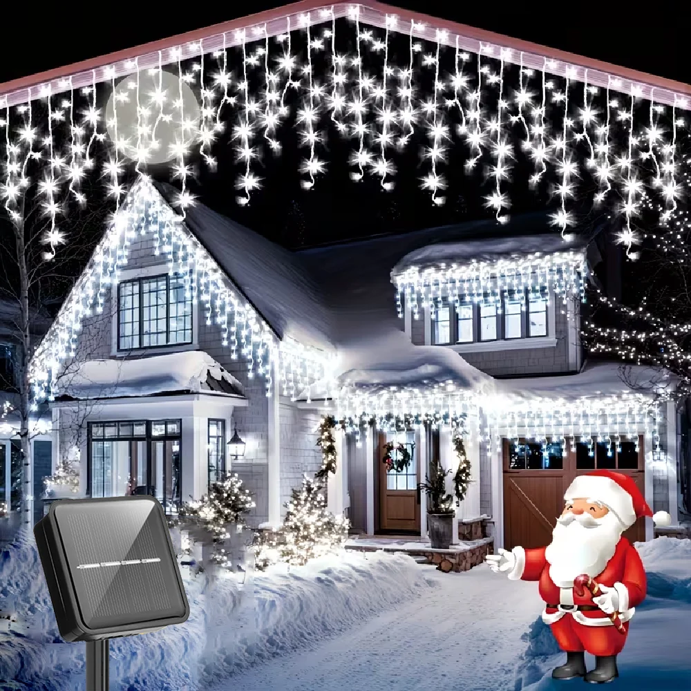 Solar Curtain Icicle Lights Outdoor Eaves Decoration Lights 8 Lighting Modes Wedding Christmas Party Garden Fairy Lights String