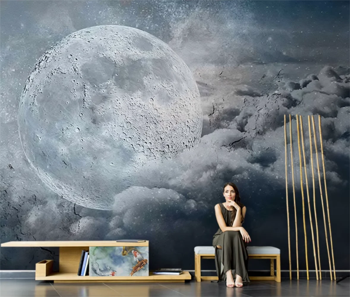 3D black and white starry sky moon simulated luminous background wall high-end feeling hotel bar space customized mural wallpape