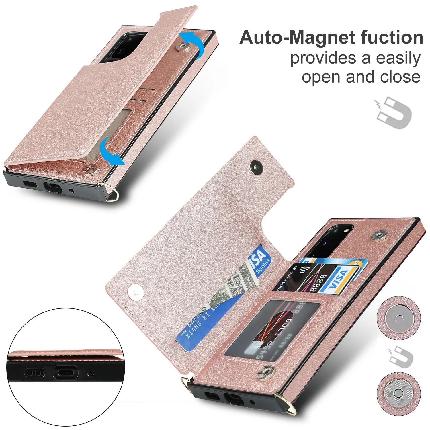 Dual Button Card Holder Wallet Phone Case for Samsung Galaxy S25 Ultra S24 Plus S23 FE S22 S21 S26 Note 20 Bracket Leather Cover