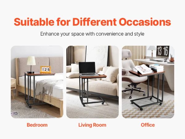 VEVOR C Table C Shaped Sofa Side Table with Metal Frame Rolling Casters Portable C Shaped End Stand for Living Room Office