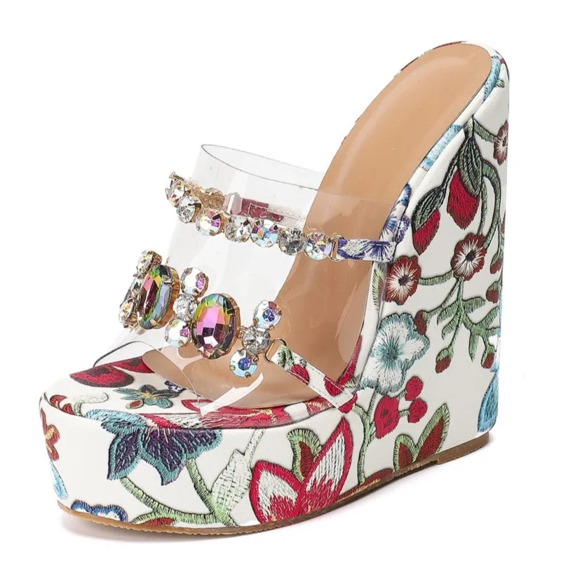 

Women’s Floral Platform High Heel Sandals, Rhinestone Clear Strap Wedge Heels for Summer, Party, Beach Vacation， Formal Events