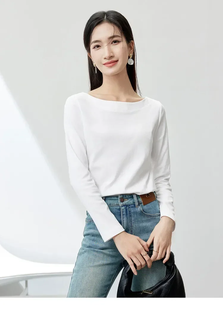 SENTUBILA Cotton Slash Neck T-shirt for Women 2024 Autumn Simple Slim Fit Long Sleeve Casual Basic Women Clothing 143T57728X