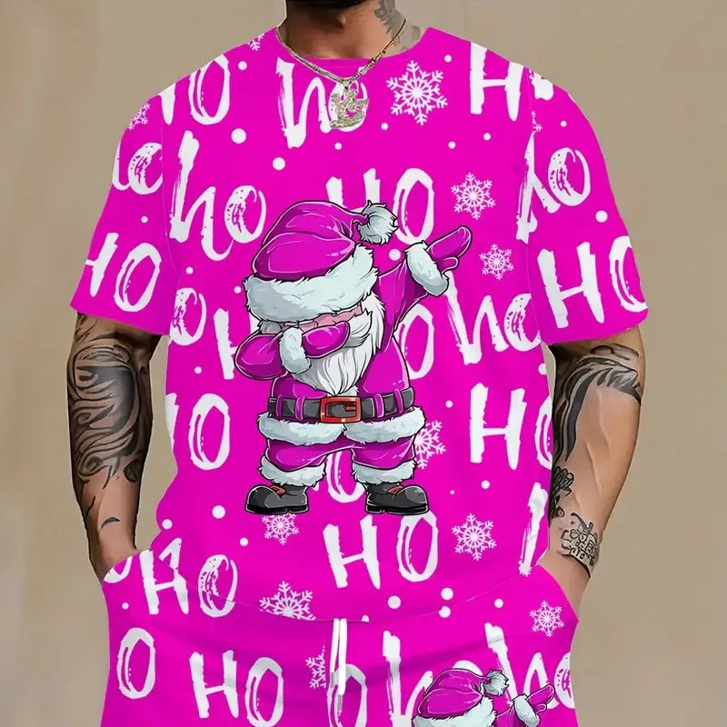 

HO HO HO Merry Christmas T-shirt For Men Short Sleeve O-neck Red Pink T Shirts Hip Hop Santa Claus Dance Festival Kid Funny Tee
