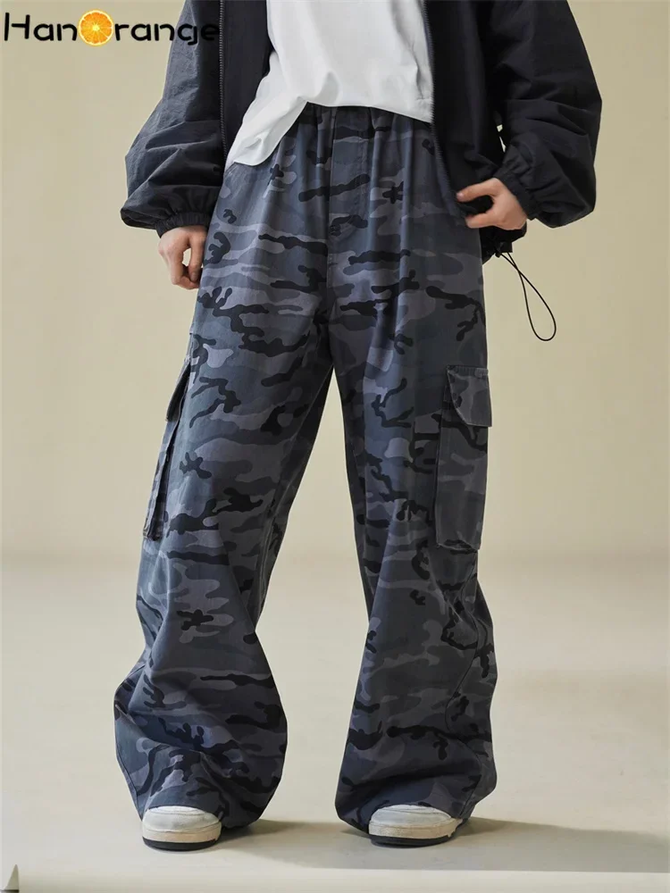 

HanOrange 2025 Early Spring Hip-hop Retro Camouflage Straight Leg Cargo Pants Women Loose Trousers Grey/Military Green