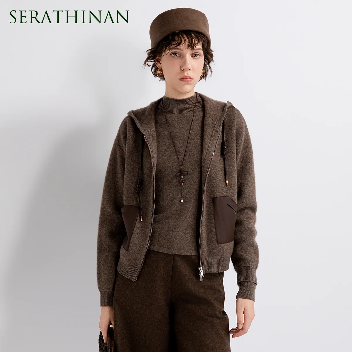 TY862141 Women's Hooded Zip Up Knit Jacket Wool Cashmere Blend 100% Sheepskin Leather Pocket Drawstring Ribbed Cuff LP Old Money